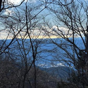 天水は、風が強くて🥶寒い。
眺めていたいけど、下山です。

木々の間から、ウネウネ大井川と、その先に海🌊目視では綺麗なんだよな。