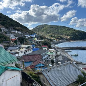 集落と港。奥に見えるのは沖の島灯台がある山？とのこと。