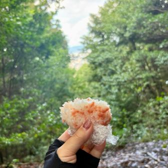 ゆうべの晩ごはんの残りの白米に、
シャケフレークをまぜまぜ 塩味きつめで
つつんで持ってきたー🎵  

今日は コレと 冷凍したこんにゃく畑  お菓子の残り少し のみ 荷物軽いかるぅ〜い♡