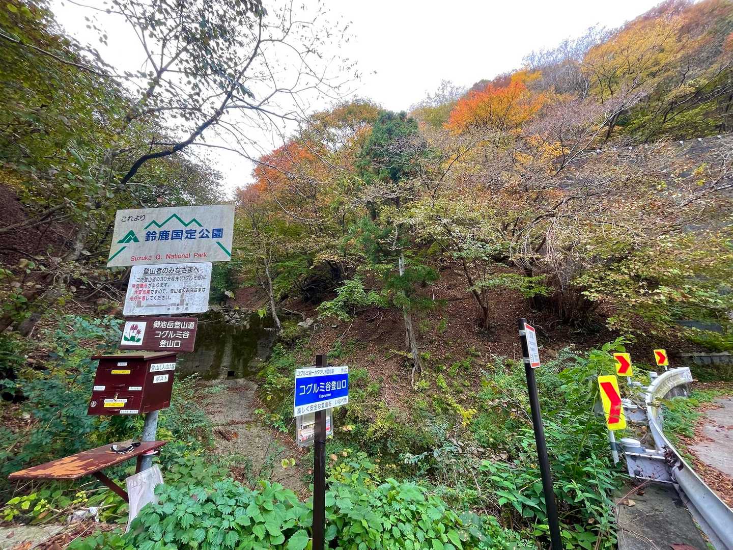 いつものコグルミ谷登山口。
残念ながら紅葉はほぼ終わりかけです。
クマの目撃情報があるため、クマ鈴と熊スプレーを携帯しています。