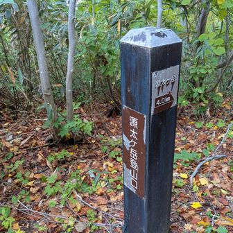 樹海ラインのカーブ（松川ゲート）脇に、源太ヶ岳登山口の道標。ここからスタートです