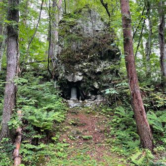 この巨大な岩も噴火で飛んできた火山岩なのだそうです。
すぐそばでずっと何か獣の声のような、木が軋む音のような、気味の悪い音が聞こえるので、早急に退散しました。