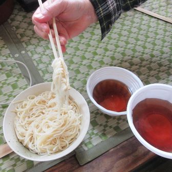 伐採作業を終え、住職さんにより🫕　　　　　　　　　　　　　　　
秋田名物 稲庭うどん　　　　　　　
素うどん🍜で🤗😋🙏
食後
与太さんご存知の老夫妻通りかかる🤗