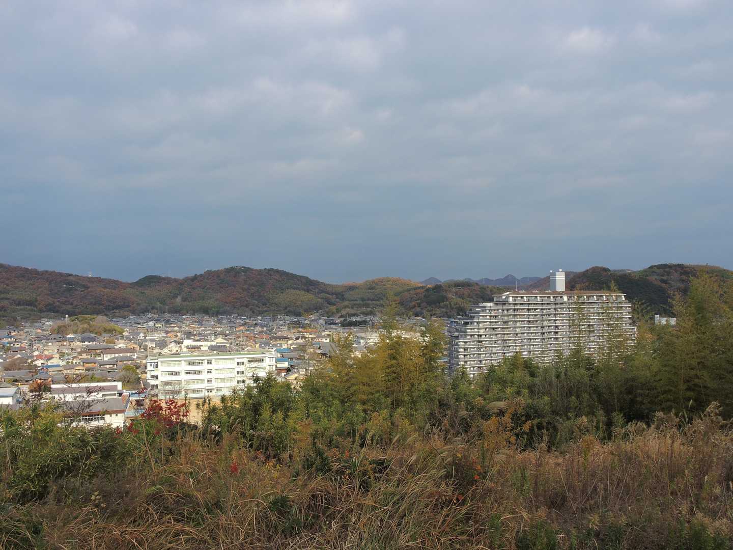 的形の市街地が見えて来ました。😃🎵
大きなマンションの向こうに見える山まで歩きます。