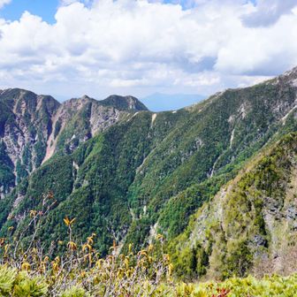 甲斐駒から鋸岳に続く美しい稜線。破線ルートですけどね。