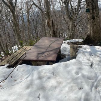 岩木山展望所のベンチ。ここから降りたら間違いで、戻り、鋭角に谷側へ。