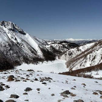 山頂から少し先に行くと、凍った五色沼が見えました。