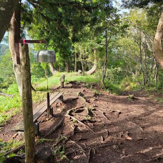 小屋の上の鐘とベンチ