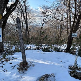 見晴し台から頂上までは雪がまだ少なくて夏道。雪のトラバースは慎重に…