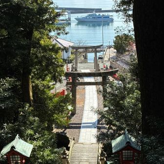 振り返ると海に続く参道がみえる