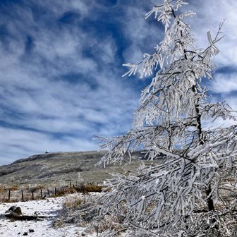 いつもの肩駐車場から、車山方面。雪は、足元に少し。