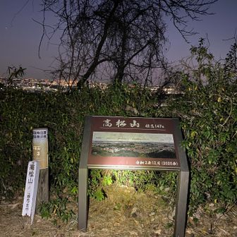 山頂標識と街の灯り