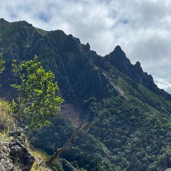 大天狗様と、その左側に小天狗様の岩峰