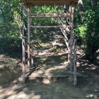 ロープウェイとの交差地点から少し進むとロープウェイ乗り場からの登山道と合流
合流地点にあるこれは何でしょうか…？
鳥居では無さそう🤔