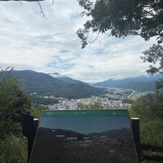 パノラマ展望台。
左がさっき登った尾崎山、その奥にうっすら倉見山。
晴れていれば富士山が見えるようですねー