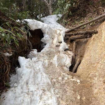 合戦小屋を過ぎると、土の部分と残雪の繰り返しになりますが、シャビシャビの雪質で滑りやすくスッテンコロリが怖いので、富士見ベンチ〜第三ベンチの中間まで、12本爪アイゼンを使いました。