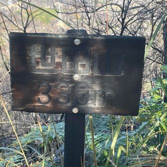 反対側の山頂標識。黒焦げ。周囲は山火事現場。痛々しいです。