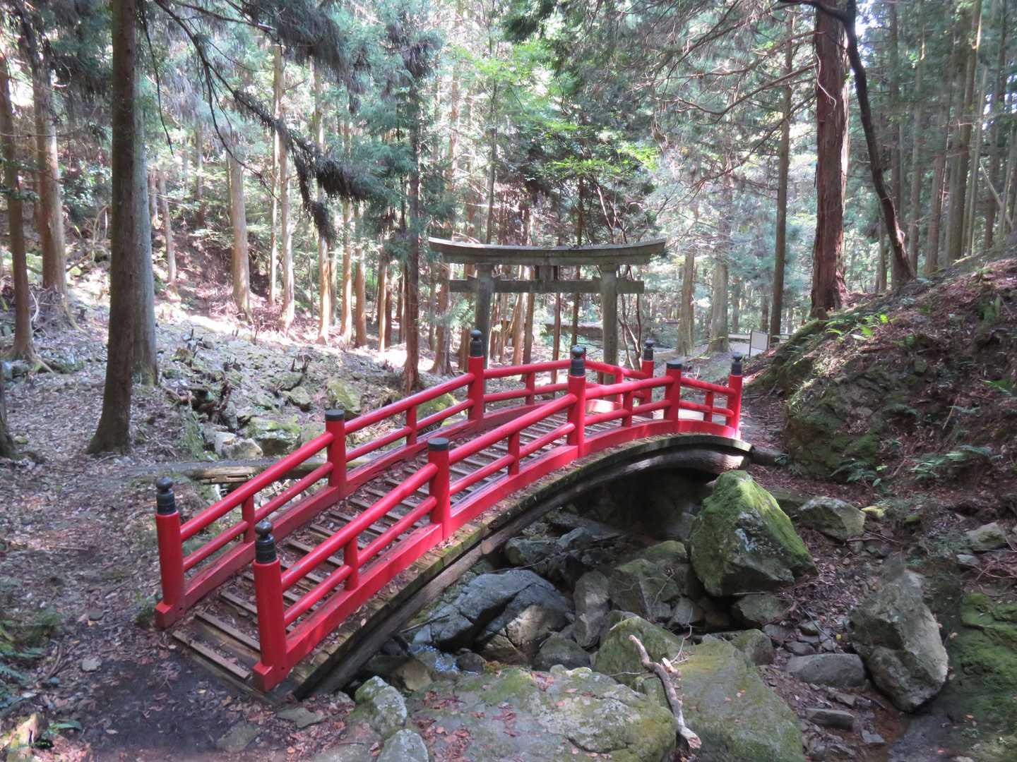 何故か朱色の太鼓橋。
その向こうには鳥居が有りますね。