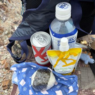 大岩山まで戻って、少し早めのお昼ごはん🍙🍙
キンキンに冷えた炭酸エナジーぐびぐび〜！
リカバリーのゼリーとOS-1で下山がんばるぞ💪
