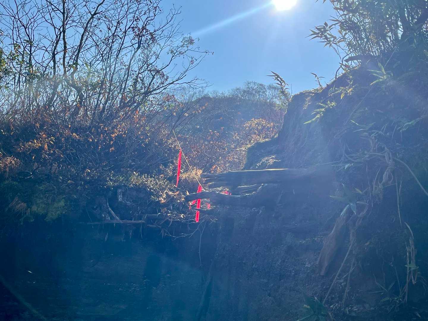 崩落箇所を振り返り..
以前は道があったって😳
巻道にロープあったので安全に登り降りできました