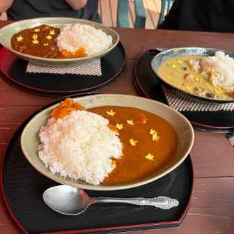 マナスル山荘天文館でカレー。バターチキン（私）、グリーンカレーとビーフカレー（山友）