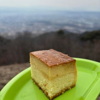 この
　三層のプリンケーキ‼️
しっとり、なめらか、ふわふわ、三重奏👍
美味しいけど、美味しいけど、外で食べると
更に美味しい😋
