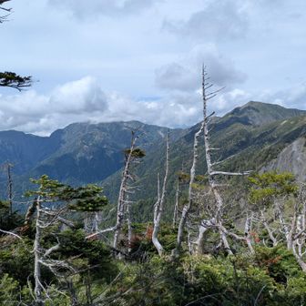 上河内岳と雲の中の聖岳と兎岳。見納め