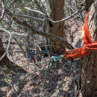 第二の崖は、足掛かりと樹木があるので正面突破。手掛かり足掛かりの間隔が大きいため、女性の為にお助けロープを出す。
殿は、成長著しいJr君。

二つ登ると達成感半端なく、最後の崖を忘れてしまう。