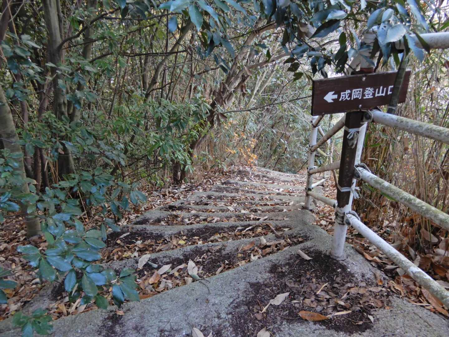 鉄塔を過ごし、白い手摺が現れると左に折れ、成岡登山口に降り立つと