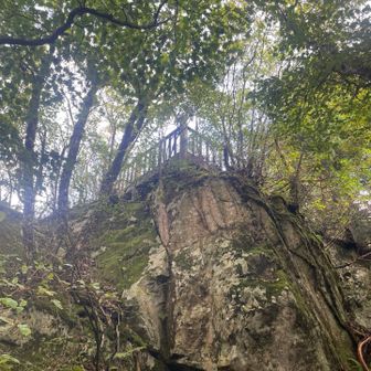 岩の上を見ると、頂上の展望台が見えた