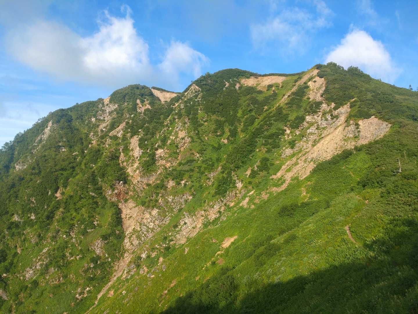 左から鳴沢岳、新越岳、岩小屋沢岳、いい天気だね