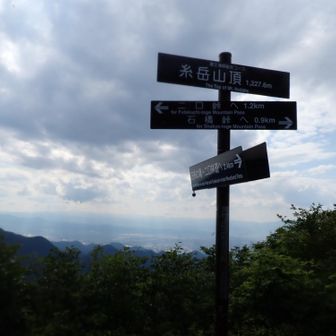 糸岳山頂。
あと30分位と言われた藪漕ぎが倍くらい時間がかかって大迷惑かけてしまった。ここに着いたときには、もう全身泥だらけでクタクタ。チェンスパ必須でした。