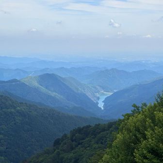 ようやく本日初の開けた眺望。眼下には名栗湖が見える。あの湖の向かって左側の稜線をここまで歩いてきたことになる。