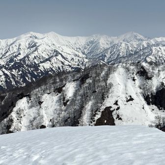 朝日連峰　右のピークは大朝日岳
こちらの眺めも良い。(若かりし頃の快適&愉快な夏、秋縦走の思い出話も)