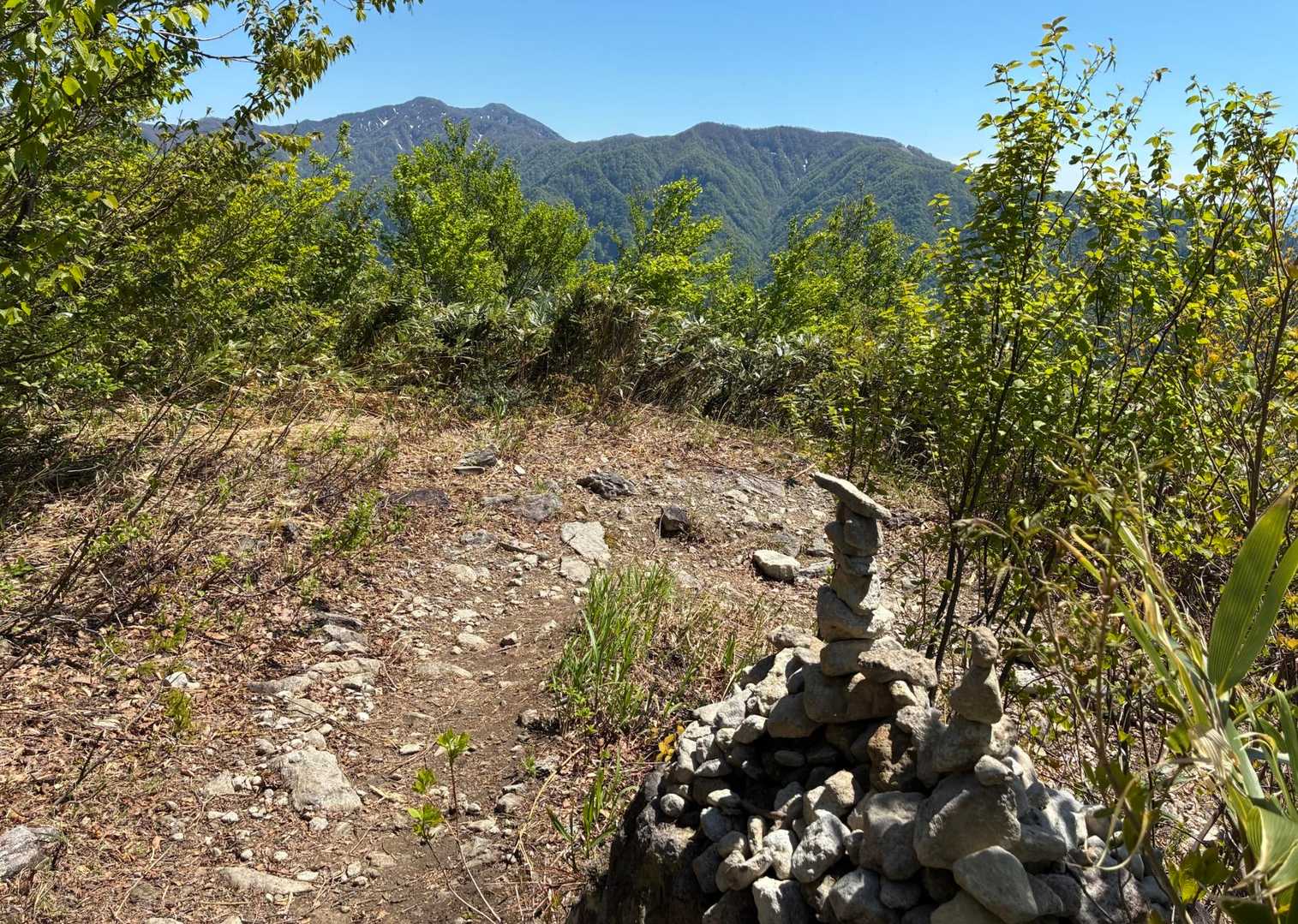 急斜面を九十九折りに下りていきます。
登山道脇に「ケルン」の山。
そして、「経ケ岳」ともお別れ 👋👋👋