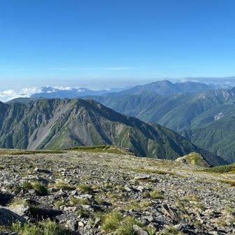 間ノ岳山頂
手前西農鳥と農鳥岳　少し低く見えます
右手に塩見岳が存在感を増してきます