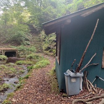 小屋の奥の階段を上がる