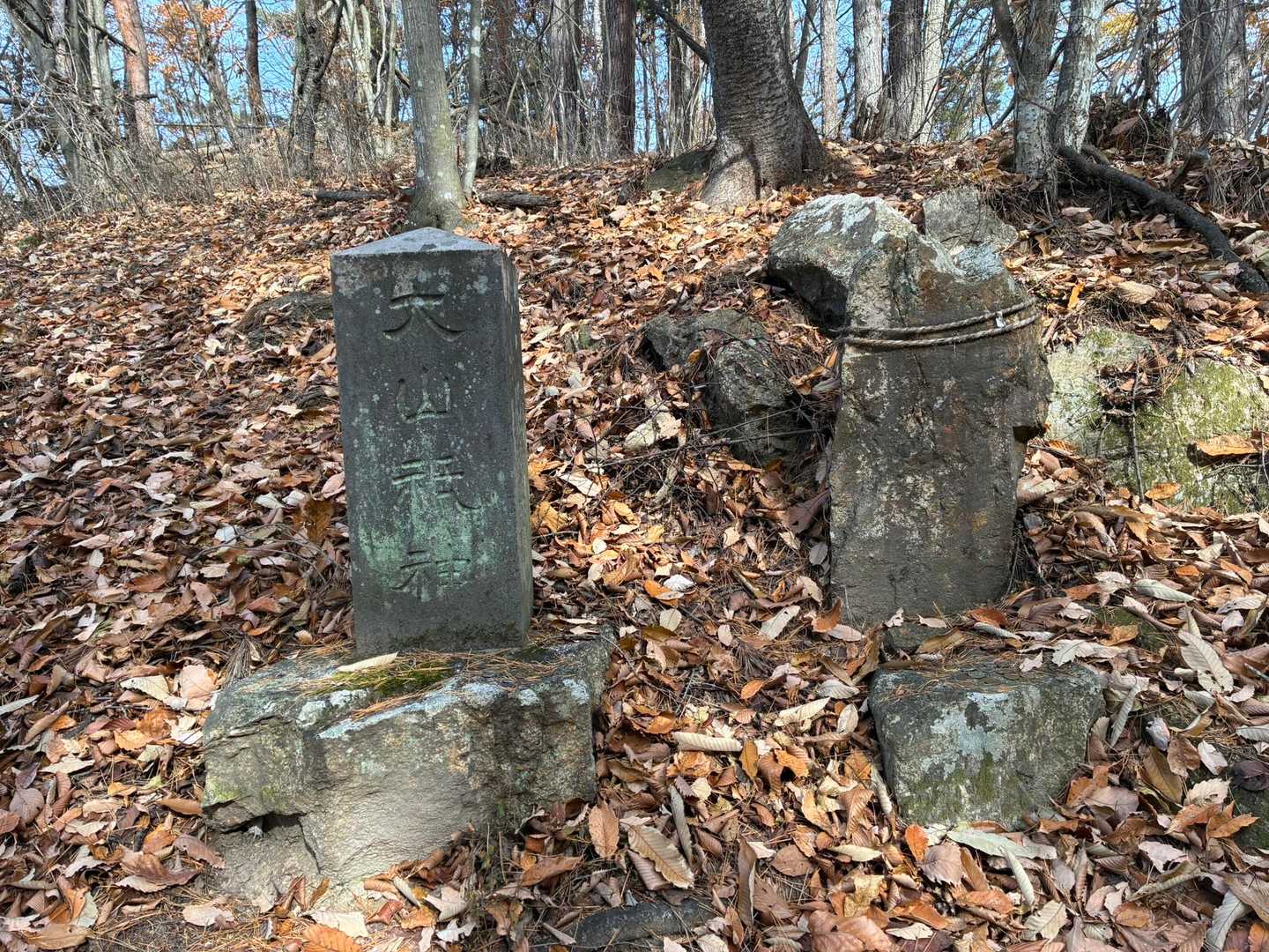 696m標高点に大山祇神（おおやまつみのかみ）の石碑。年代はわからなかったが右側面に戸倉村の文字が見えました。右の石碑は文字が読めず。旧戸倉村に字古城という字名がある位置なので山城があったのかも。