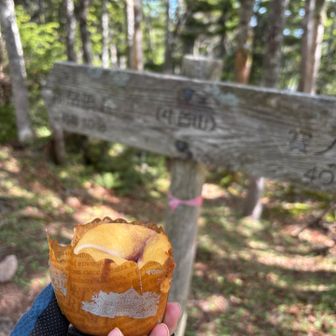 笑いながら登ってるうちに牛首山登頂。きゅろさんからしっとりマフィンをいただきました