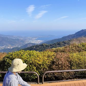 休憩していた山ガールと相模湾