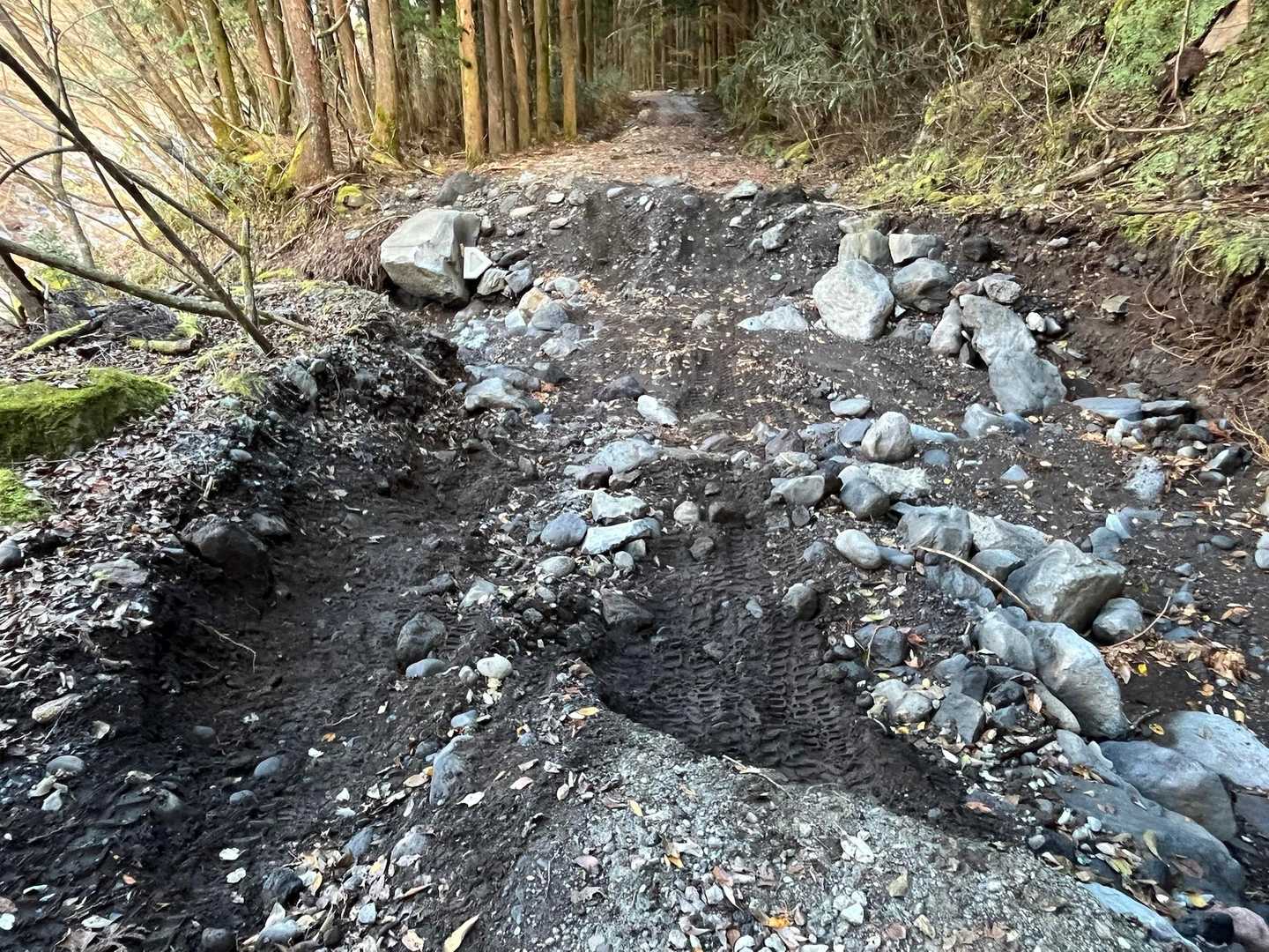 この後
あのオフロード車が通ったはずの道を歩いて登山口へむかいます
こんな凸凹道にも車輪の跡
ホント凄いよね〜と、この後タイヤ痕見つけながら歩きました
