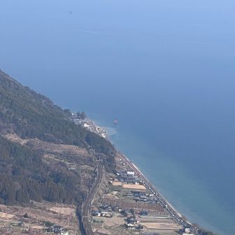 白鬚神社。湖面の鳥居⛩️が小さく見えている。手前はJR湖西線と161号線