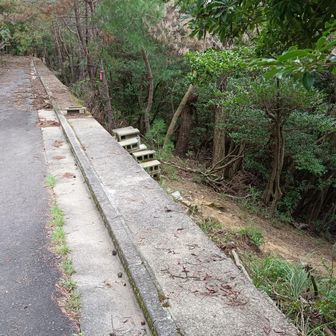 メンテナンス道路を少し歩いて登山道が見えて来ました…
固定されていない不安定な100円ブロックのところが下山道になります