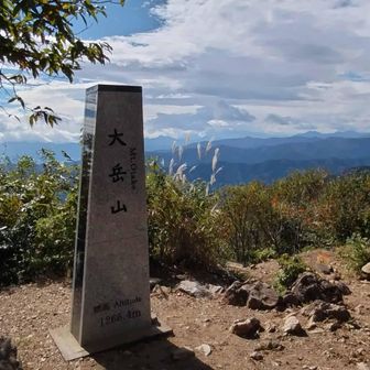 大岳山山頂。青白の濃淡がはっきりした空。到着時2名。