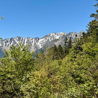 快晴で雲一つ無い。穂高連峰と手前に明神岳