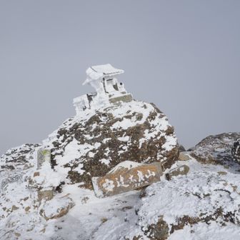 山頂に到着。
雲が薄いので暫く待てば切れそうですが、寒いので降ります。