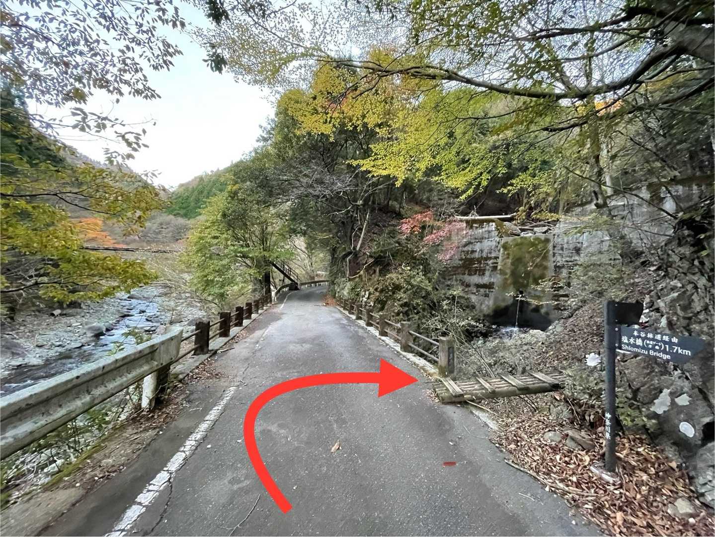舗道を35分歩き、やっと山道。
橋の手前を右です。