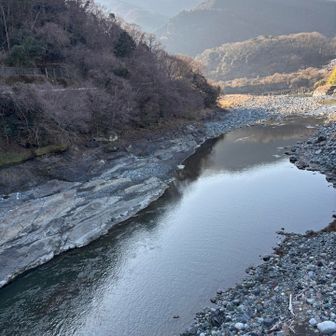 吊り橋の下を流れる酒匂川　流れは寒そうです　真冬ですもんね
