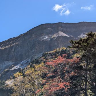 夏沢峠からの硫黄岳…青空に紅葉が加わって秋満喫気分🤩