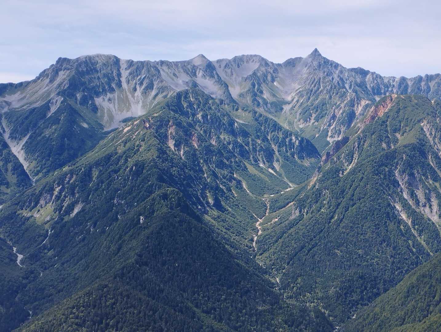 横尾尾根上が中岳、
深い槍沢の上がとんがり帽子の槍ヶ岳